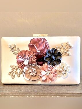NEW Floral Clutch Box Embellished Handbag pink roses white flowers
